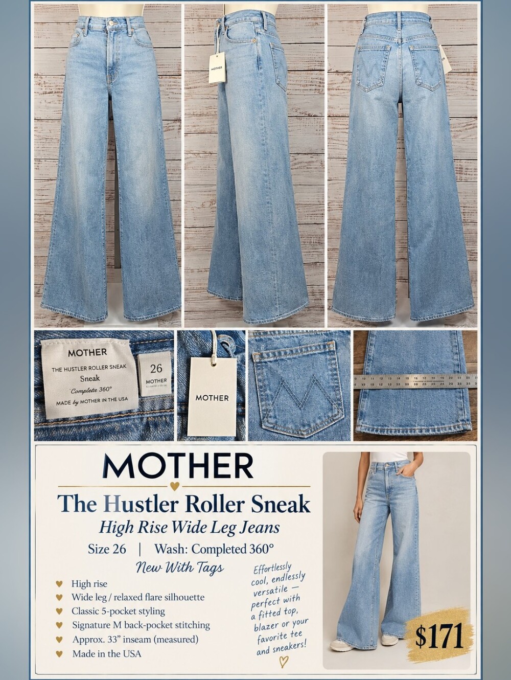 MOTHER The Hustler Roller Sneak High Rise Wide Leg Jeans 26 Completed 360 NWT